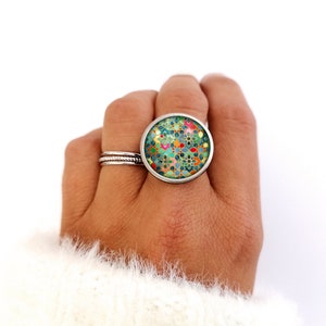 Ring woman, fantasy, gold, silver, cabochon, oriental, ethnic, green, blue, glass, bohemian ring, woman's gift, small christmas gift