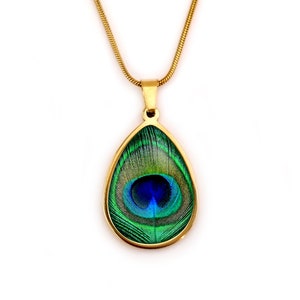 Necklace feather, costume, pendant, gold, silver, woman, peacock feather, green, blue, jewelry, gift