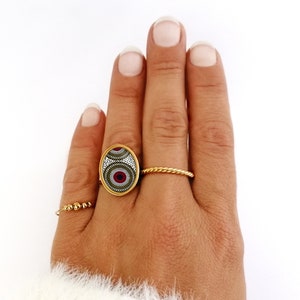 Women's ring, cabochon, bohemian, ethnic, African wax, gold, silver, stainless steel, green, red