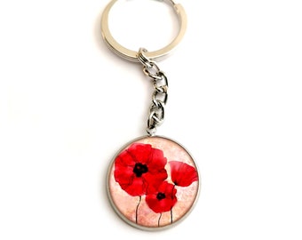 Porte clés, bijou de sac, femme, cabochon, coquelicot, fleur, rouge, acier inoxydable, argent, verre, voiture, maison, accessoires femme