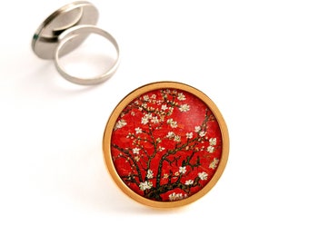 Bague fantaisie rouge, bague Van Gogh, Amandier en fleurs, bague cabochon, bague rouge, bague peinture, bijoux Van Gogh, bijoux cabochon