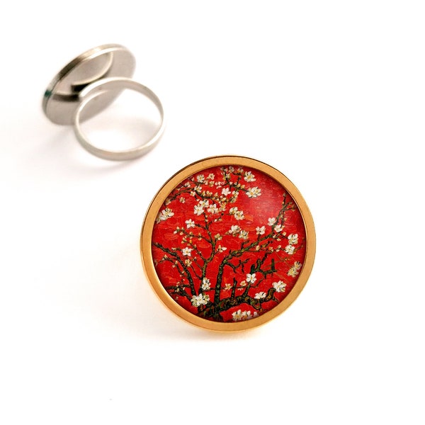 Bague fantaisie rouge, bague Van Gogh, Amandier en fleurs, bague cabochon, bague rouge, bague peinture, bijoux Van Gogh, bijoux cabochon