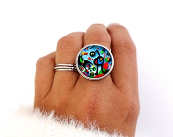 Bague femme, cabochon, Le jardin, Mirô, bleu, or, argent, acier inoxydable, verre, bijoux femme