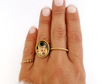 Bague vintage Klimt, Le Baiser, fantaisie, cabochon, femme, or, argent, camée, acier inoxydable, verre, cadeau