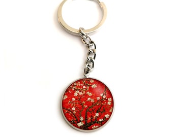 Porte clés rouge, femme, cabochon, Van Gogh, Amandier en fleurs, vintage, bijou de sac, voiture, maison, acier inoxydable, verre