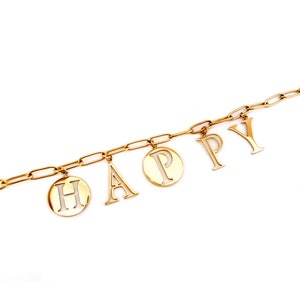 Pulseira de letras, feliz, malha grande, aço inoxidável, ouro, joias