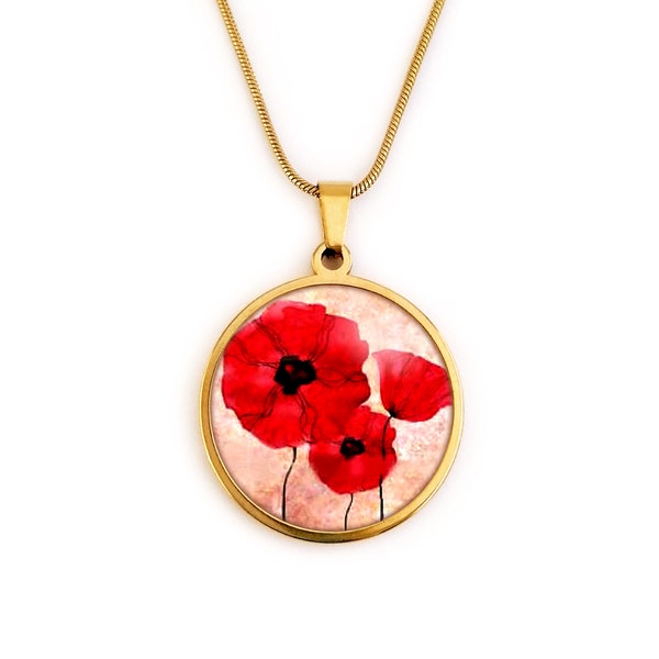 Collier fleur, femme, cabochon, coquelicot, rouge, or, argent, collier goutte, collier rond, cadeau femme, noël, anniversaire