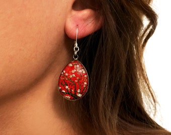 Boucles d'oreilles pendantes rouges, boucles d'oreilles Van Gogh, Amandier en fleurs, rouge, peinture, bijoux Van Gogh