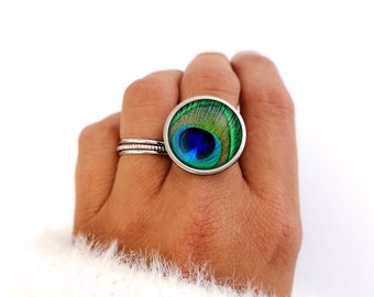 Feather ring, woman, gold, silver, stainless steel, cabochon, green ring, turquoise, bohemian, feather jewelry