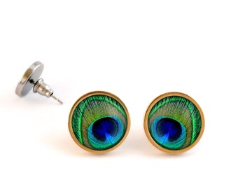 Earrings feathers, peacock, woman, gold, silver, blue, green, feather jewelry, sleepers, creoles, earrings chips, feather jewelry