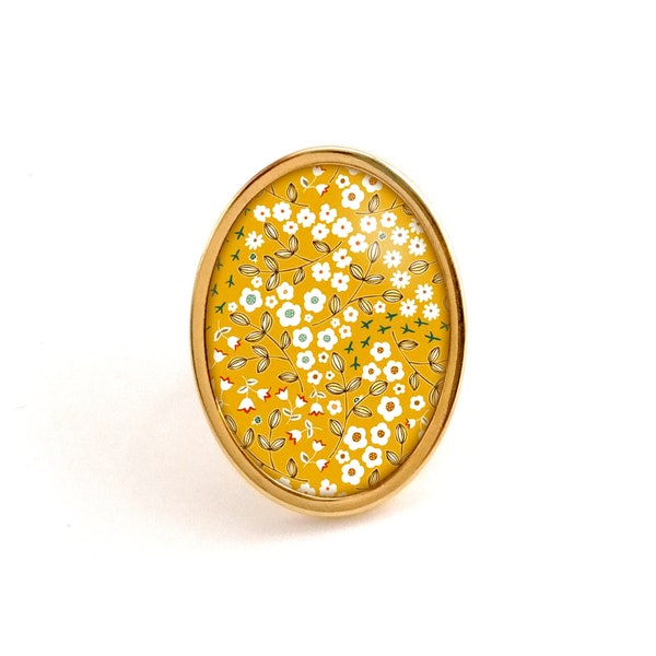 Bague jaune, fleur, fantaisie, femme, vintage, or, argent, acier inoxydable, verre, bohème, cadeau