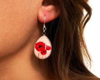 Earrings, cabochon, poppy, red, flower, woman, gold, silver, stainless steel, glass