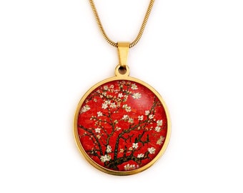 Collier fantaisie rouge, Van Gogh, Amandier en fleurs, femme, rouge, bijoux Van Gogh, peintre, tableau, bijoux peinture