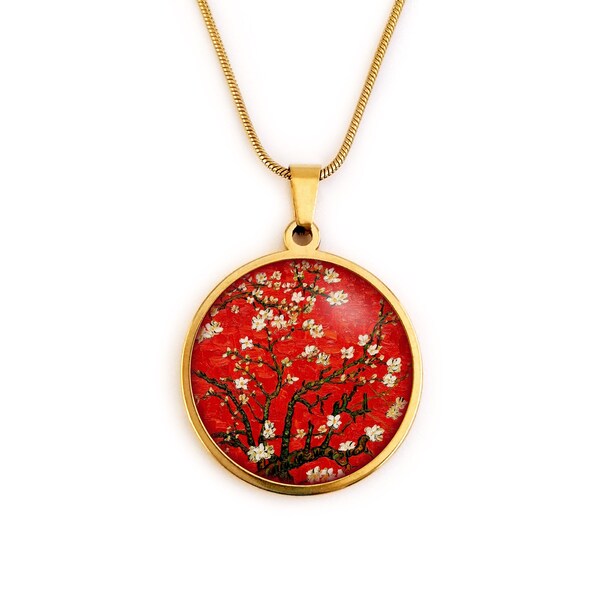 Collier fantaisie rouge, Van Gogh, Amandier en fleurs, femme, rouge, bijoux Van Gogh, peintre, tableau, bijoux peinture