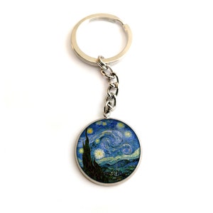 Porte clé bleu, Van Gogh, nuit étoilée, argent, acier inoxydable, bijou de sac femme, cadeau