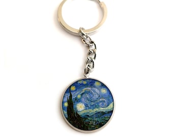 Blue keychain, Van Gogh, starry night, silver, stainless steel, woman bag jewelry, gift