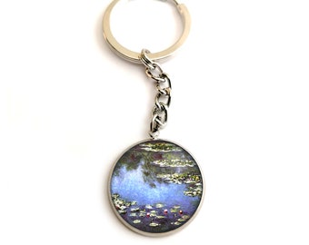 Porte clé femme, Monet, les Nymphéas, bleu, vintage, fleur, argent, acier, verre, bijou de sac, voiture, maison,cadeau femme