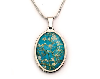 Collier fantaisie bleu Van Gogh, Amandier en fleurs, collier femme, collier bleu, bijoux Van Gogh, bijoux vintage , collier bohème