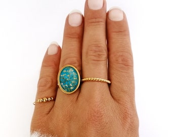 Bague Van Gogh, femme, cabochon, bleu, peinture, bijoux, vintage, or, argent, cadeau