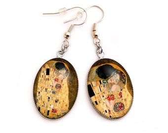 earrings pendant Klimt the kiss, fantasy, gold, silver, yellow, gift for her, woman&#39;s gift, Christmas