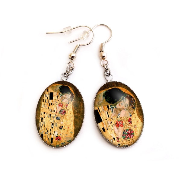 Boucles d'oreilles pendantes Klimt le baiser, fantaisie, or, argent, jaune, cadeau pour elle, cadeau femme, noël