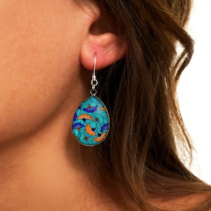 Earrings, woman, cabochon, blue, wax, ethnic, gold, silver, stainless steel, glass