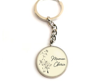 Porte clé personnalisé, maman chérie, texte personnalisable, dandelion, maison, voiture, cadeau personnalisé, acier inoxydable, verre