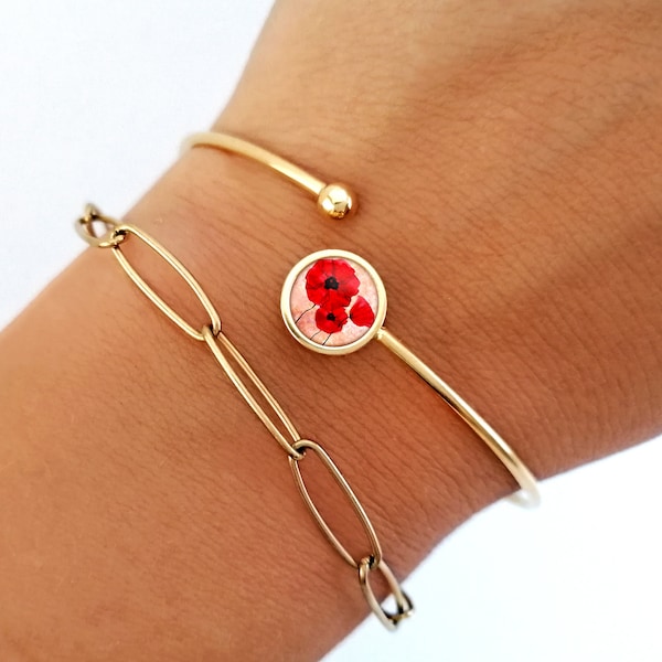 Bracelet jonc, femme, rouge, coquelicot, or, argent, femme, acier inoxydable, bijoux femme, bijoux fin, cadeau, noël, anniversaire