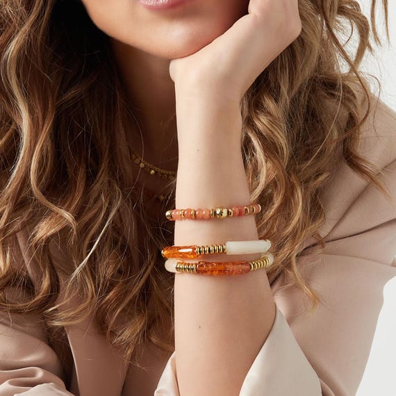 Beaded Bracciale Donna In Pietra Naturale Avventurina Verde Con Perle E Accenti Oro - Regolabile, Ipoallergenico