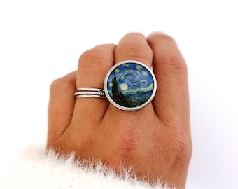 Woman ring, cabochon, Ban Gogh, starry night, blue, gold, silver, stainless steel, glass, woman jewelry