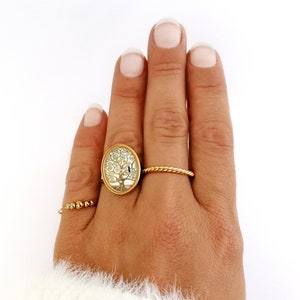 Può includere: Un anello d'oro con un designo ad albero della vita. L'anello è indossato al dito di una persona.