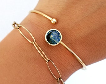 Bracciale Van Gogh, bracciale da donna, argento, oro, notte stellata, dipinto, quadro, gioielli bohémien, vetro, acciaio inossidabile