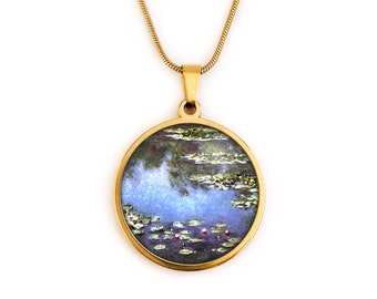 Woman necklace, cabochon, Monet, water lilies, blue, flower, nature, vintage, gold, silver, stainless steel, women's jewelry, gift