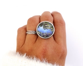 Bague femme, cabochon, Monet, les Nymphéas, vintage, bleu, nature, or, argent, acier inoxydable, verre, bijoux, cadeau