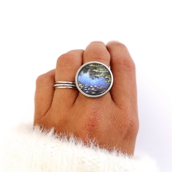 Bague femme, cabochon, Monet, les Nymphéas, vintage, bleu, nature, or, argent, acier inoxydable, verre, bijoux, cadeau