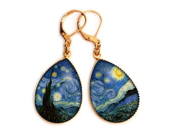 Earrings, fancy, pendant, woman, Van Gogh, starry night, blue, stainless steel, silver, gold, glass