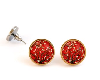 Boucles d'oreilles fantaisie rouge, Van Gogh, Amandier en fleurs, bijoux Van Gogh