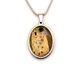 Collier fantaisie Klimt Le Baiser, collier femme, art nouveau, or, argent, jaune, pendentif, verre, acier, bijou femme, cadeau