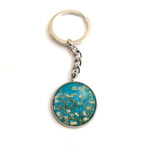 Keychain woman, Van Gogh, Almond blossom, blue, house, car, steel, bag jewelry, original, gift