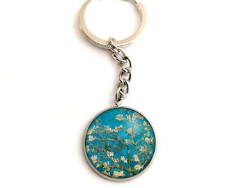 Porte clé femme, Van Gogh, Amandier en fleur, bleu, maison, voiture, acier, bijou de sac, original, cadeau