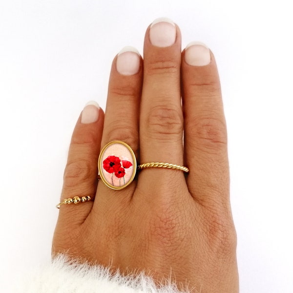 Bague fleur, femme, cabochon, coquelicot, rouge, or, argent, acier inoxydable, bijoux rouge, bague rouge, bague femme