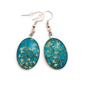 Van Gogh earrings, Almond tree in bloom, blue, painting, Van Gogh jewelry, painting, jewelry, woman