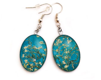 Boucles d'oreilles fantaisie Van Gogh, Amandier en fleurs, bleu, peinture, bijoux Van Gogh, bijoux bohèmes, femme