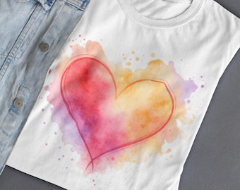Watercolor Heart T-Shirt: Vibrant Romantic Hand-Painted Style