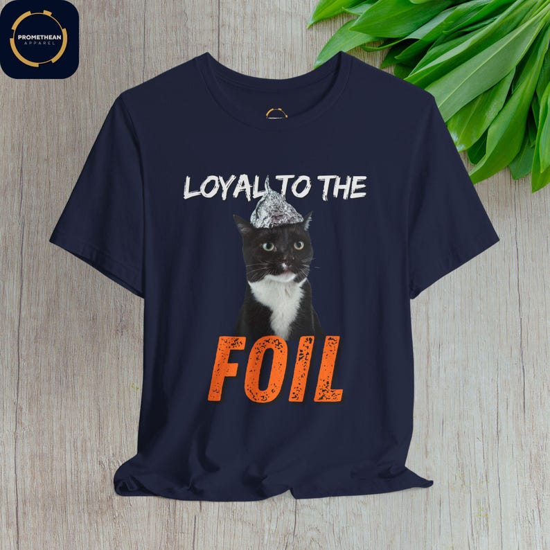 Maglietta unisex con gatto e cappello di carta stagnola: divertente teoria del complotto immagine 6