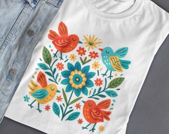 Folk Art Birds and Flowers T-Shirt: Scandinavian Garden Print