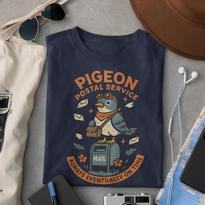 Arte divertido de paloma del Servicio Postal con gafas y cartera. Diseño de entrega siempre puntual. Regalo para ella y para él.