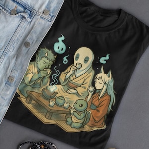 Whimsical Yokai Tea Ceremony Shirt: Japanese Folklore Art Tee