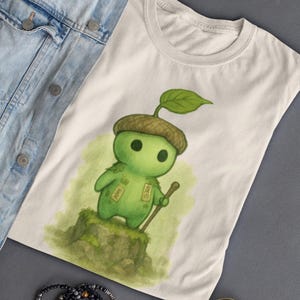 Kodama Forest Traveler T-Shirt: Acorn Hat Spirit, Naturecore Anime Tee