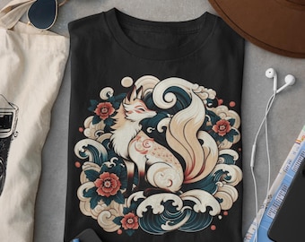 Camiseta de zorro kitsune: arte de olas japonés, camiseta de espíritu yokai